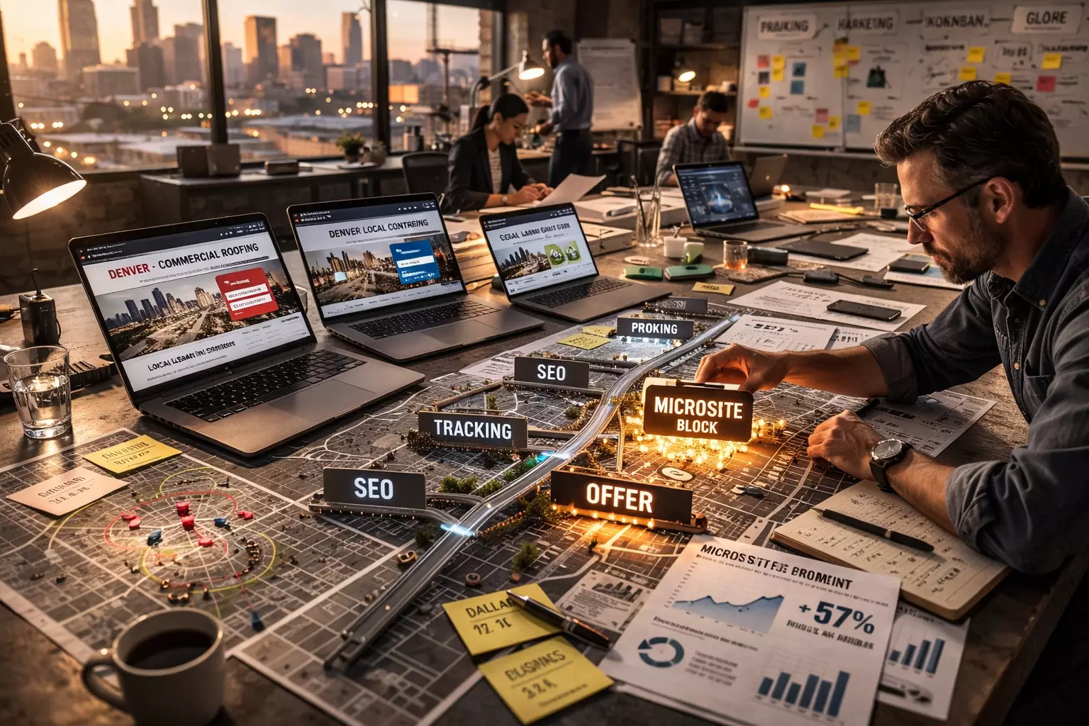 Marketing team reviewing local microsite strategy on digital screens