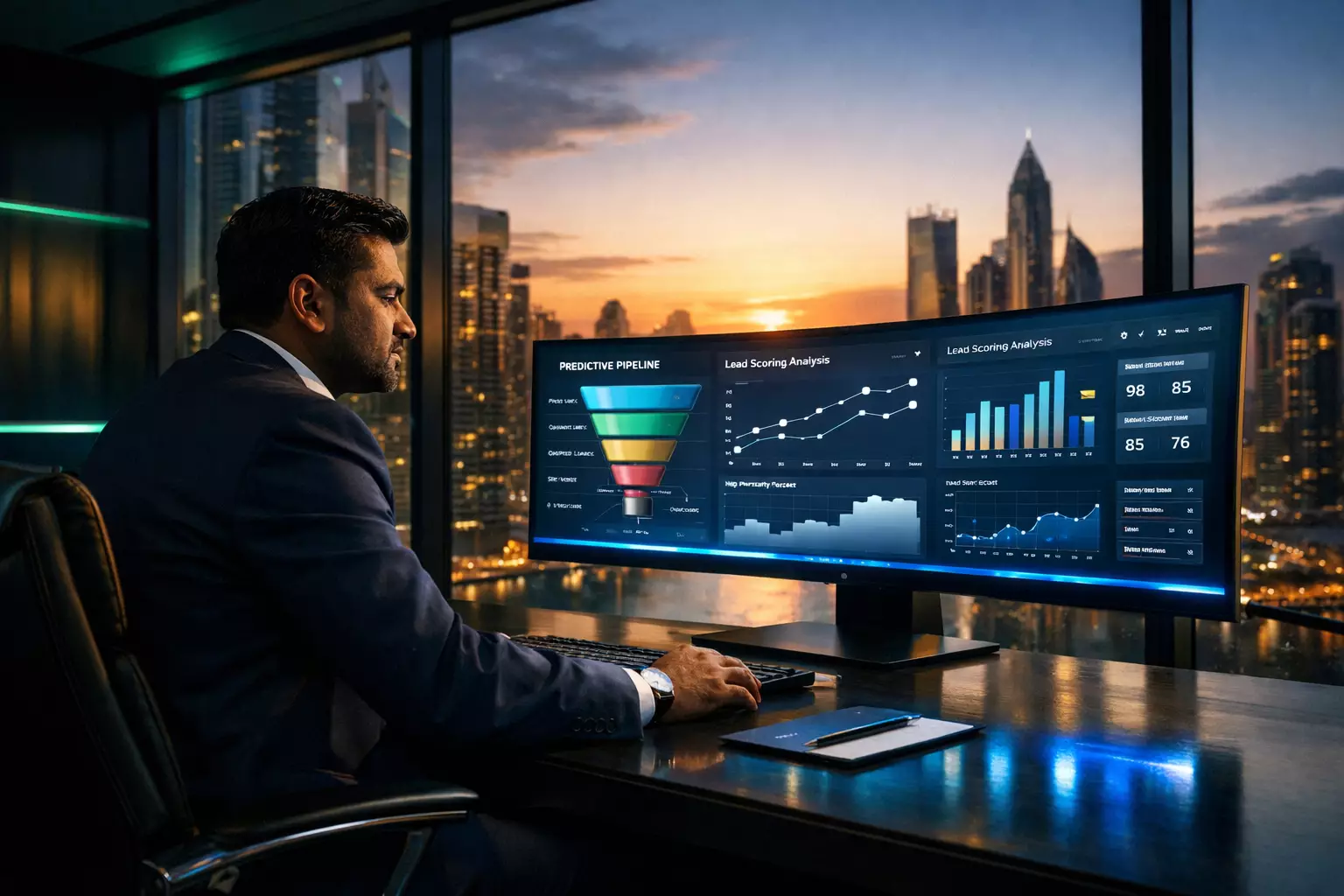 Real estate brokerage executive reviewing AI revenue analytics dashboard at sunset