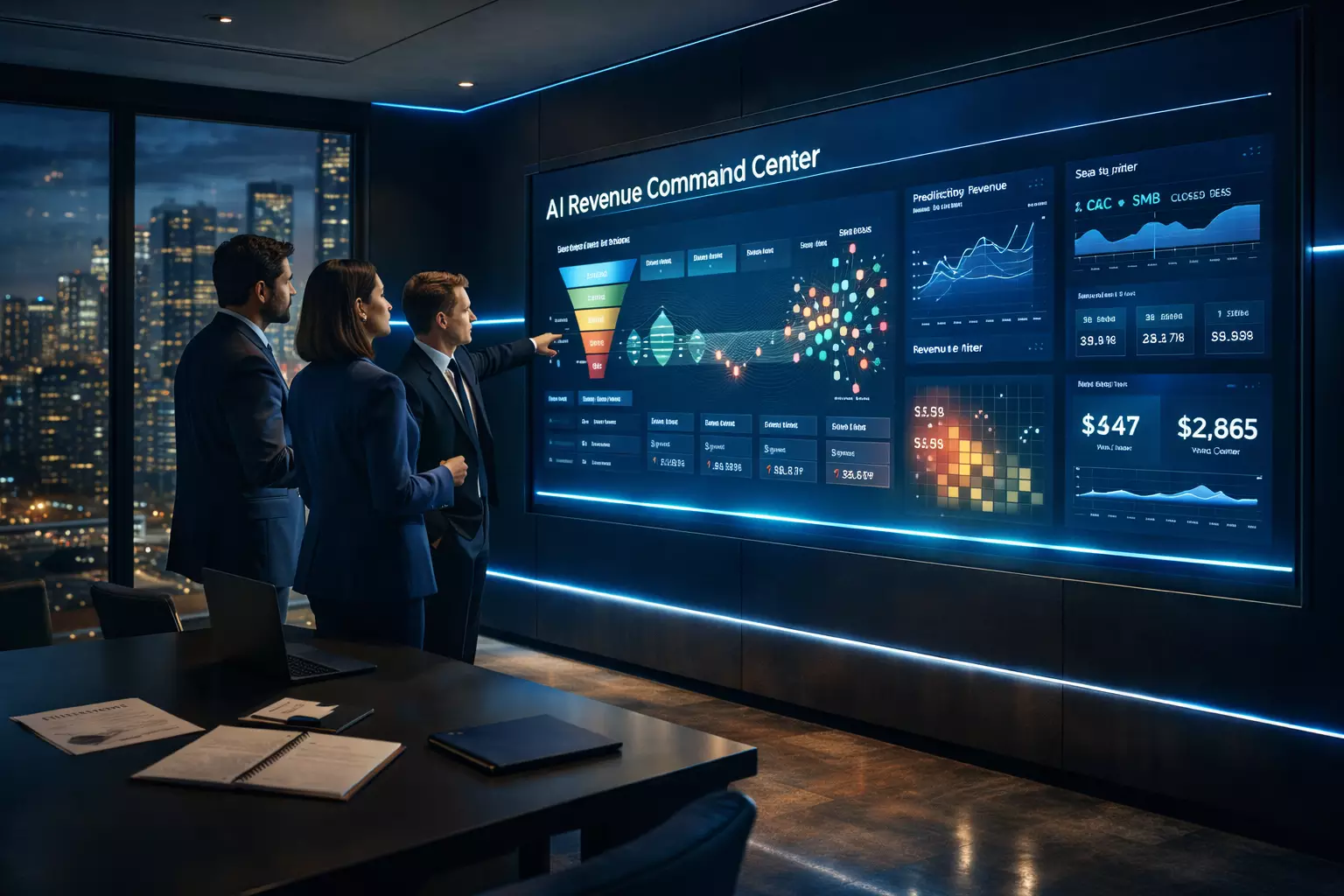 SaaS and SMB leaders reviewing AI revenue command center dashboards