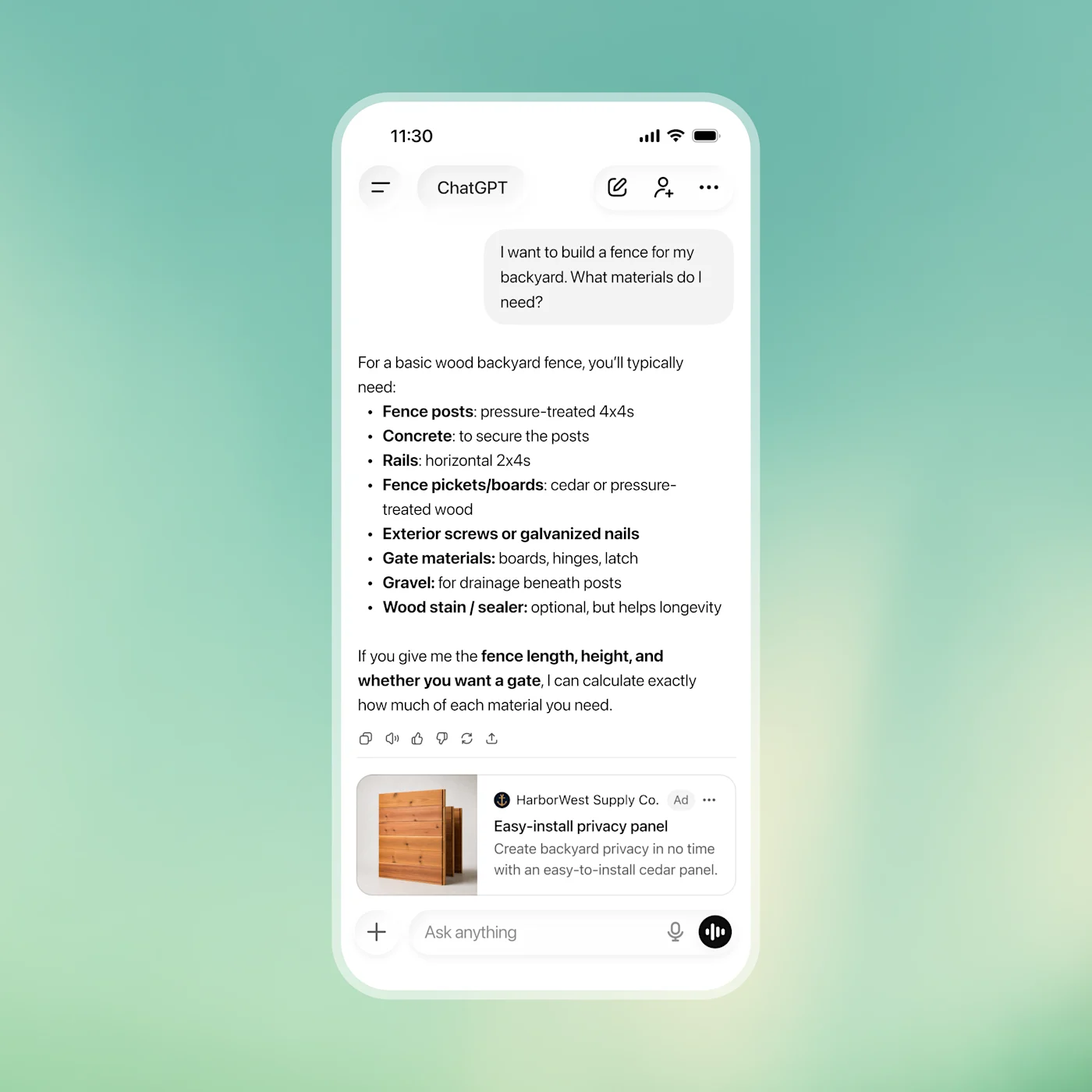 A ChatGPT conversation about building a backyard fence, with a sponsored ad for a cedar privacy panel shown below the answer