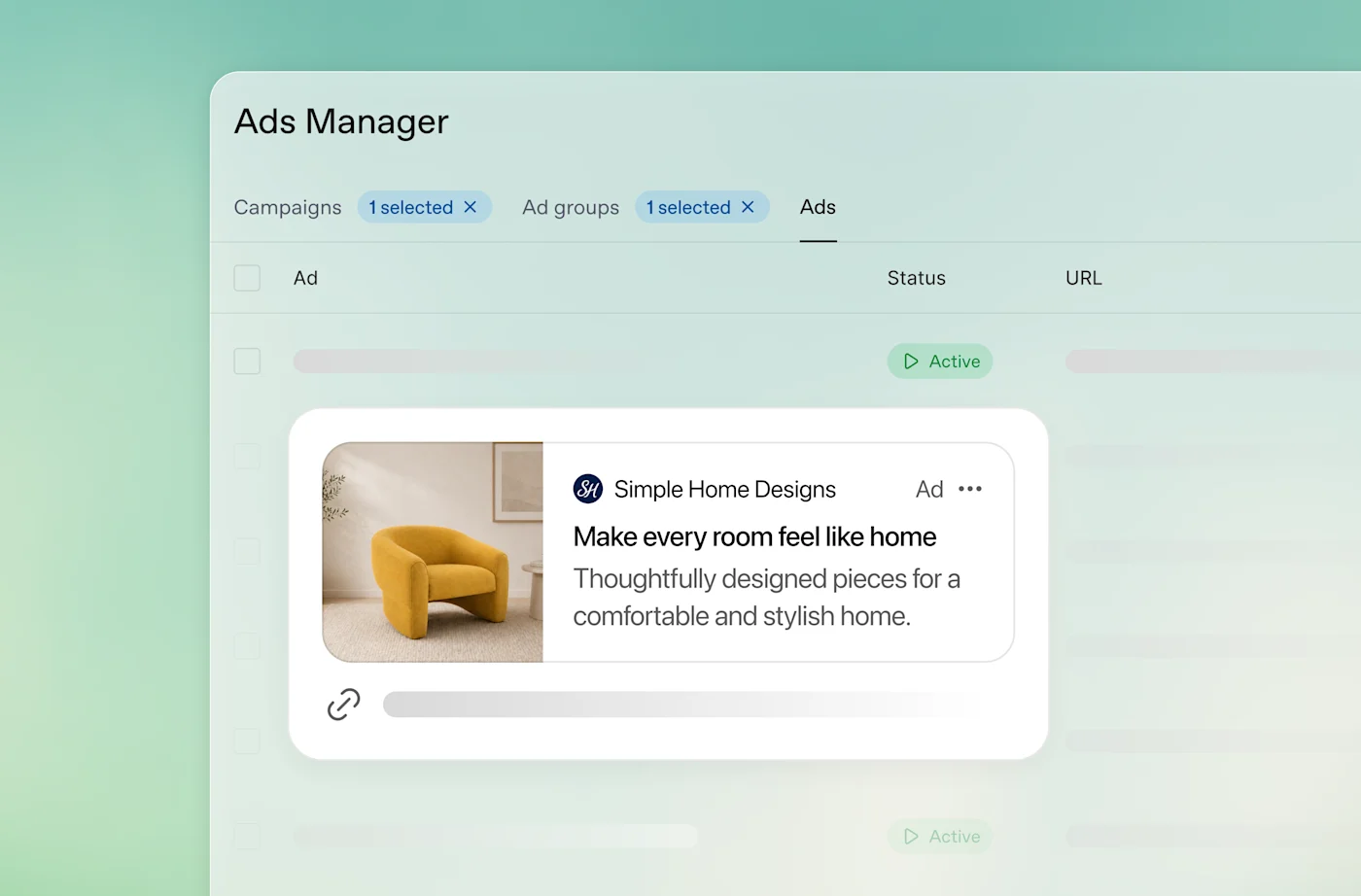 ChatGPT Ads Manager showing an ad for Simple Home Designs with a yellow armchair image and a destination link