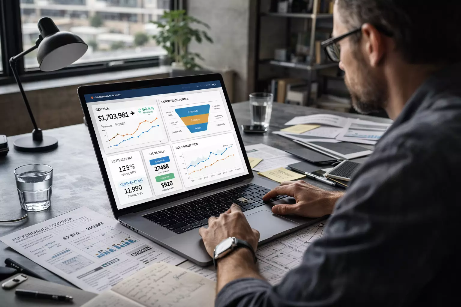 Marketing analyst reviewing data-driven ROI metrics on dashboard