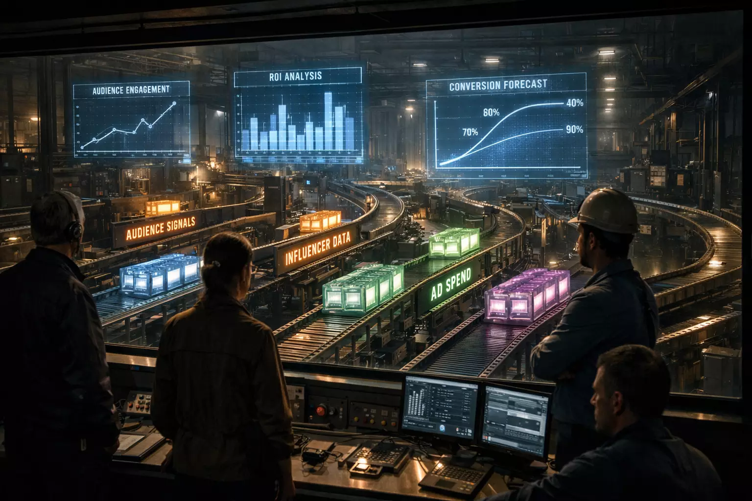 Digital marketing team analyzing AI-powered influencer performance metrics